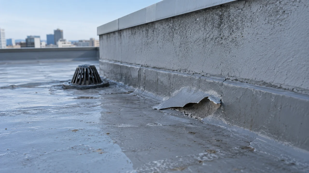 排水口付近に傷みが見られる屋上防水層のイメージ