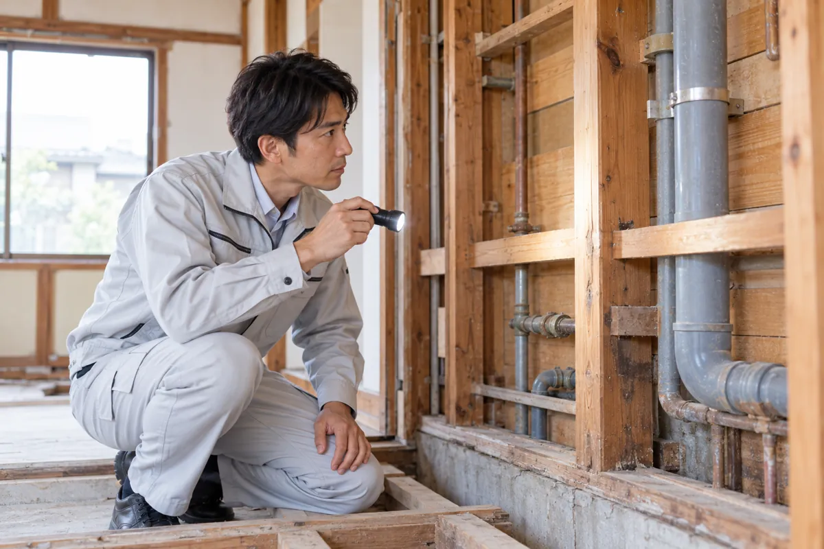 壁の内部や配管を確認するリフォーム担当者のイメージ